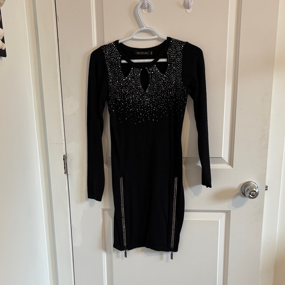 Chic Black Long Sleeve Dress with Studded Accents